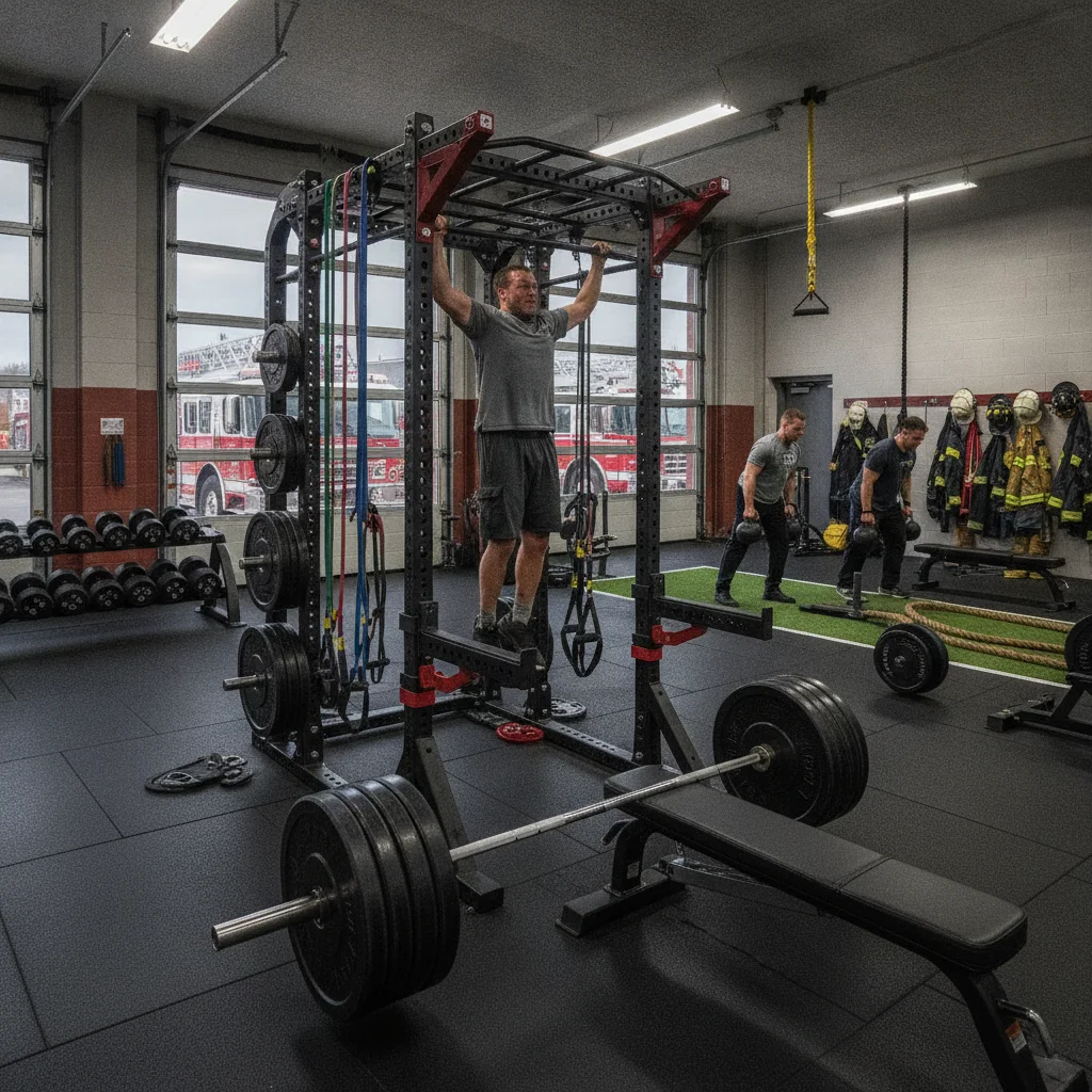 Fire station gym layout with heavy free weights