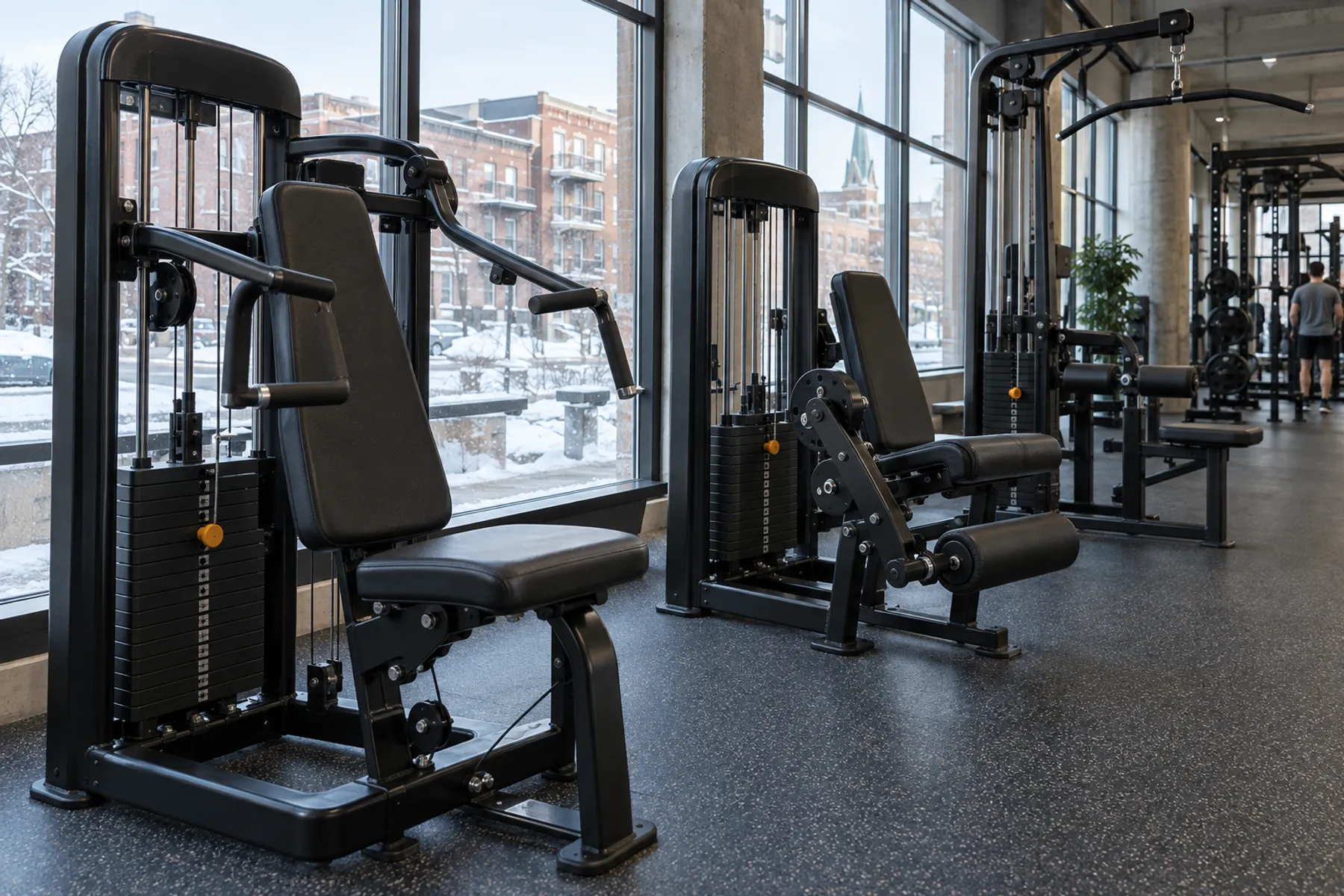 Appareils de musculation guidée à charge sélective dans une salle d'entraînement commerciale