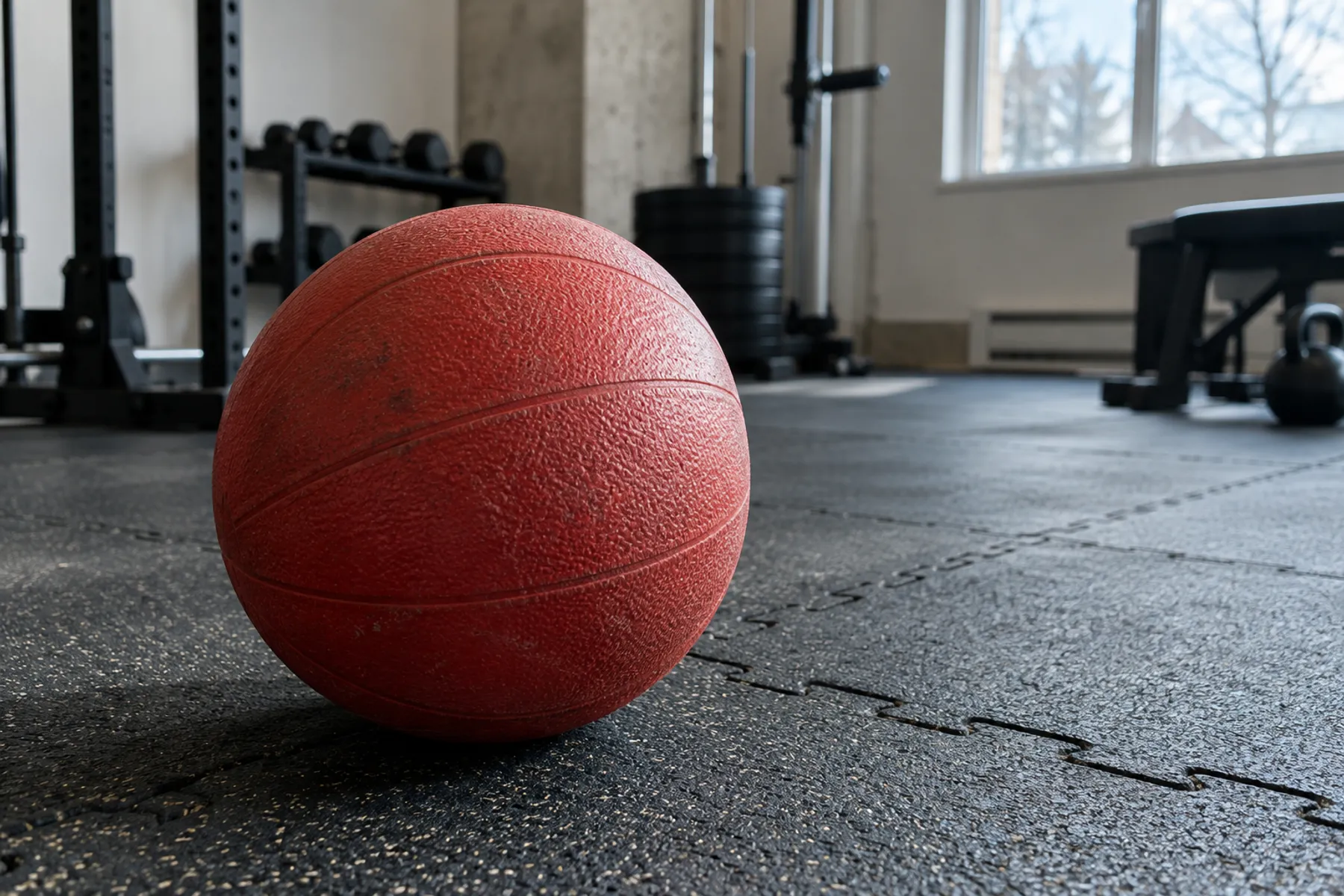 Red medicine ball resting on shock-absorbing black rubber tile flooring