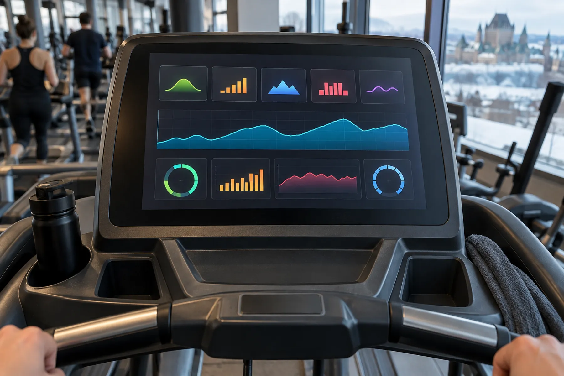 Gros plan sur la console d'un tapis roulant commercial affichant des programmes d'entraînement