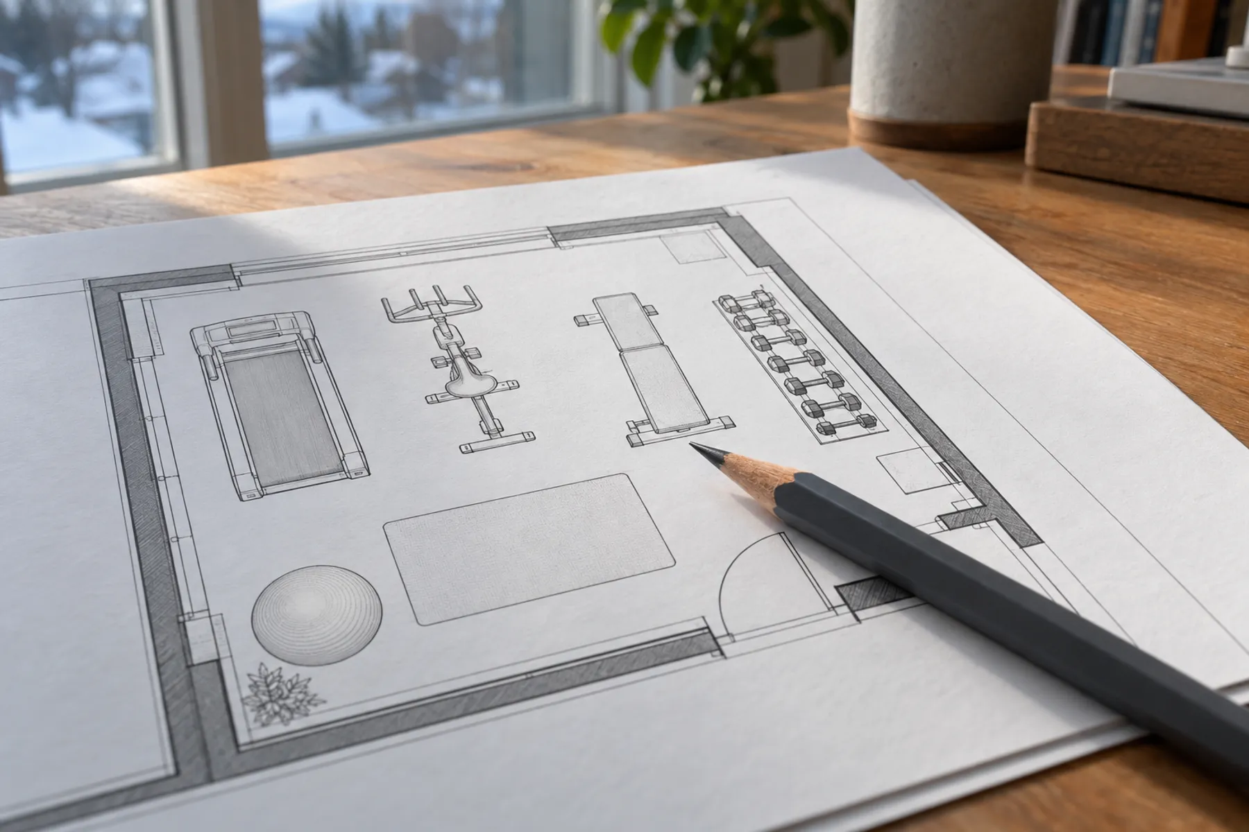 Crayon posé sur un plan d'architecture lors de la planification de l'aménagement d'une salle d'entraînement