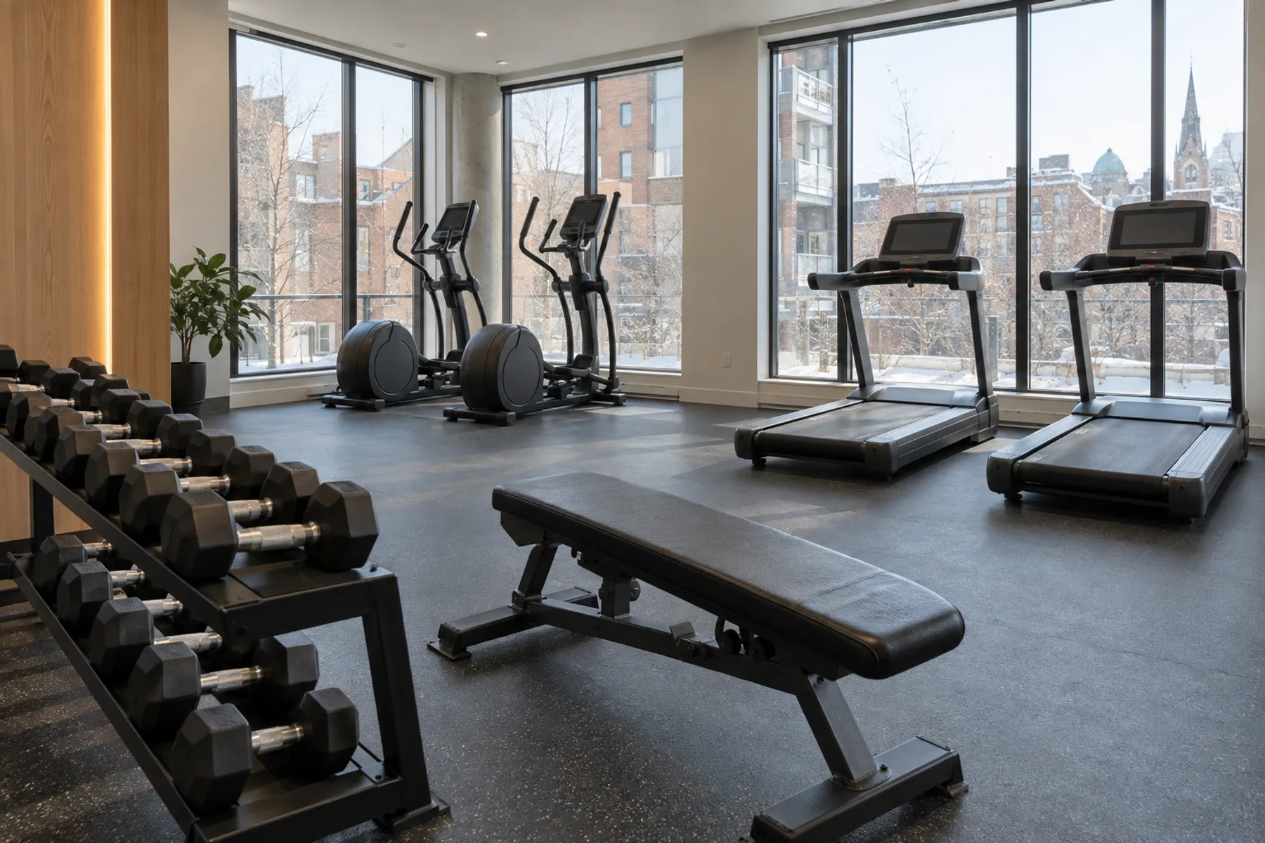 Gym de condo avec support à haltères, banc, elliptiques et tapis roulants dans une salle commune