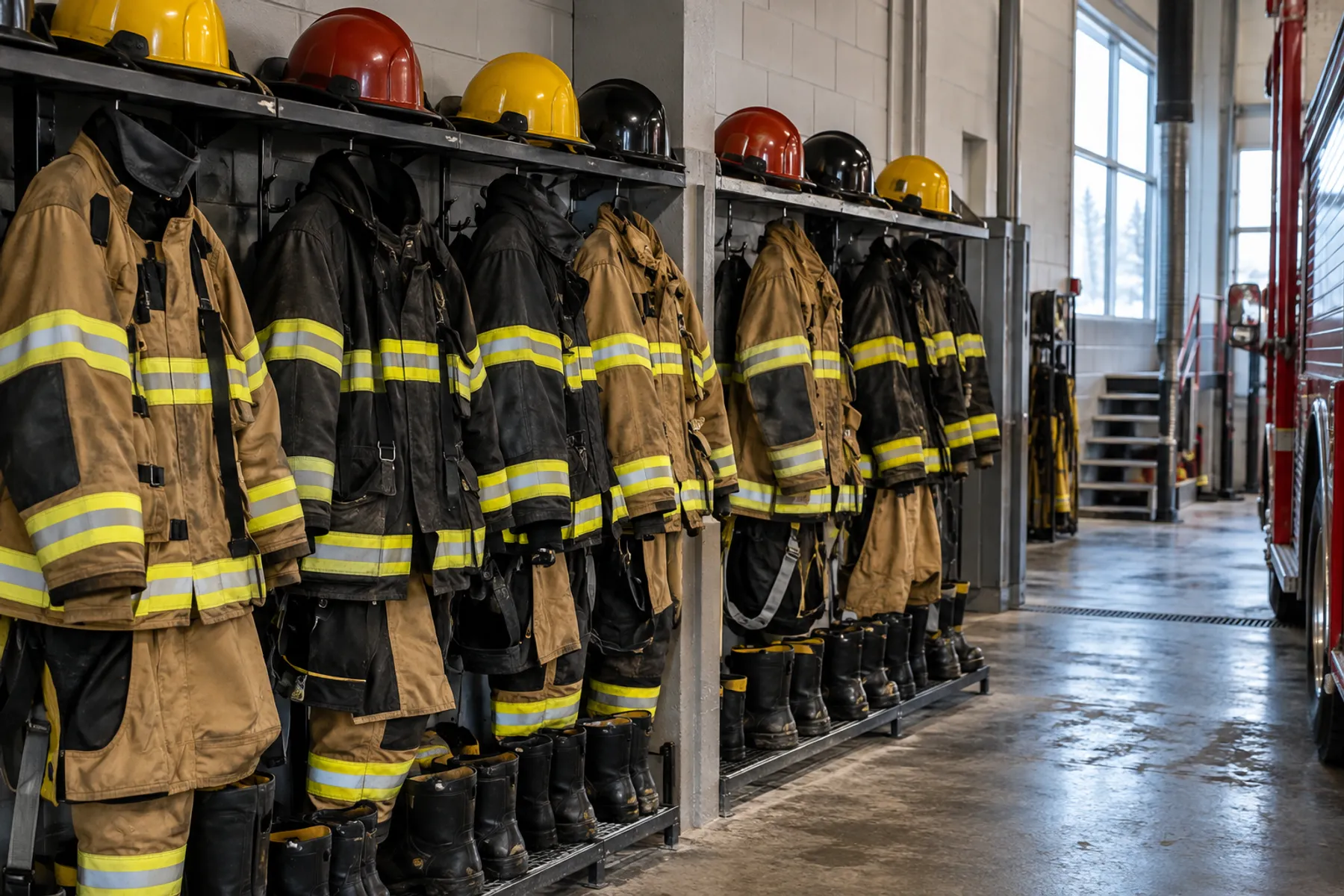 Firefighter turnout gear, boots and helmets stored on the wall of a fire station