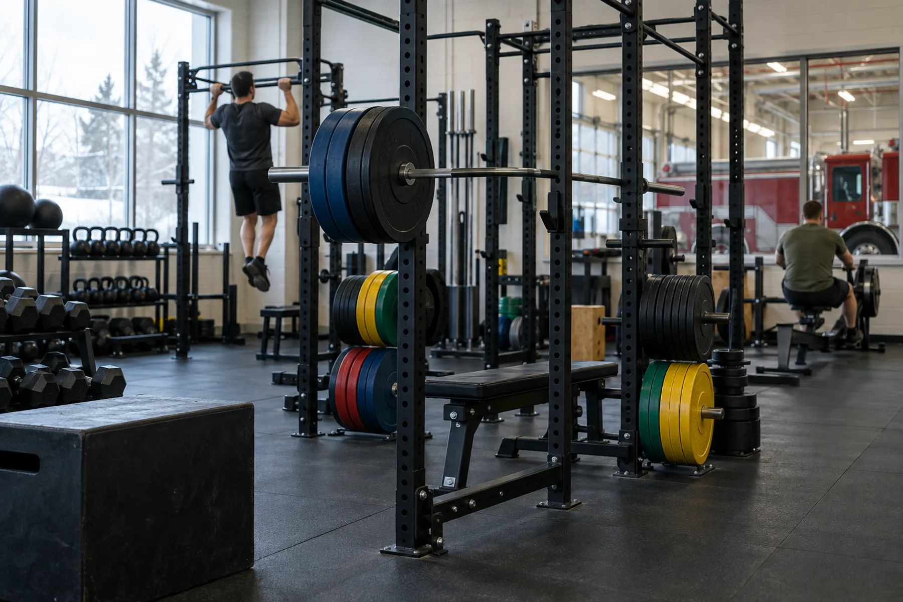 Équipement de gym pour pompiers, racks multifonctions et disques de couleur sur un plancher antichoc
