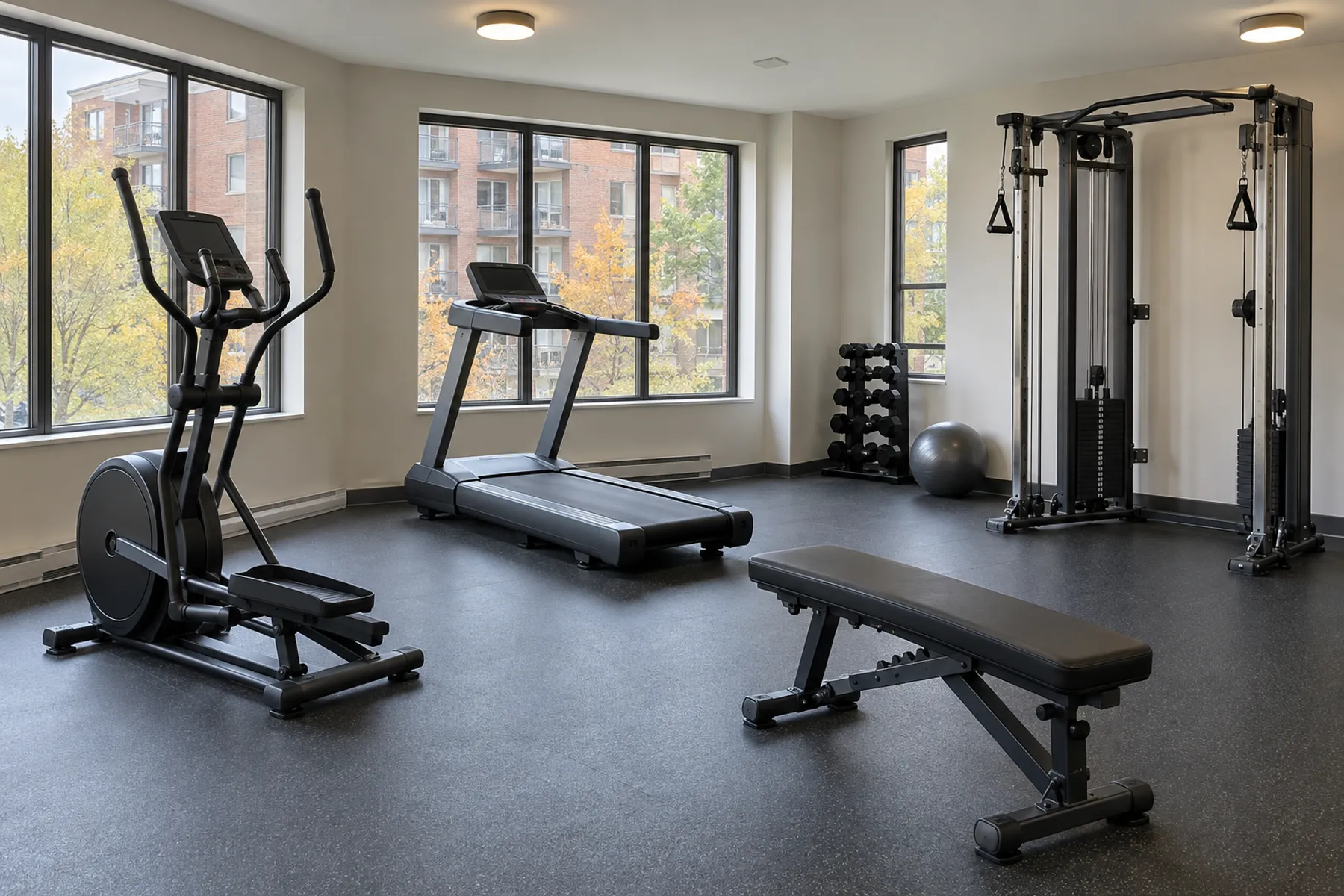 Apartment building fitness room with an elliptical, treadmill, bench and dual pulley station