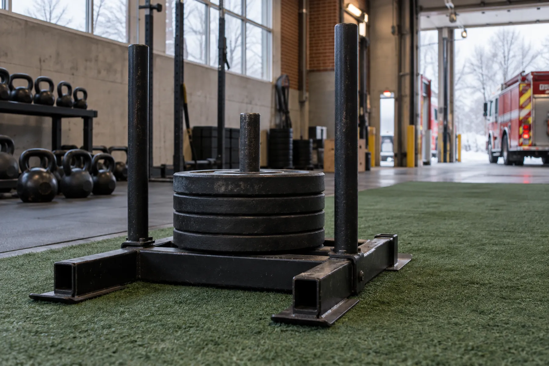 Loaded push sled on a training lane, with kettlebells in the background