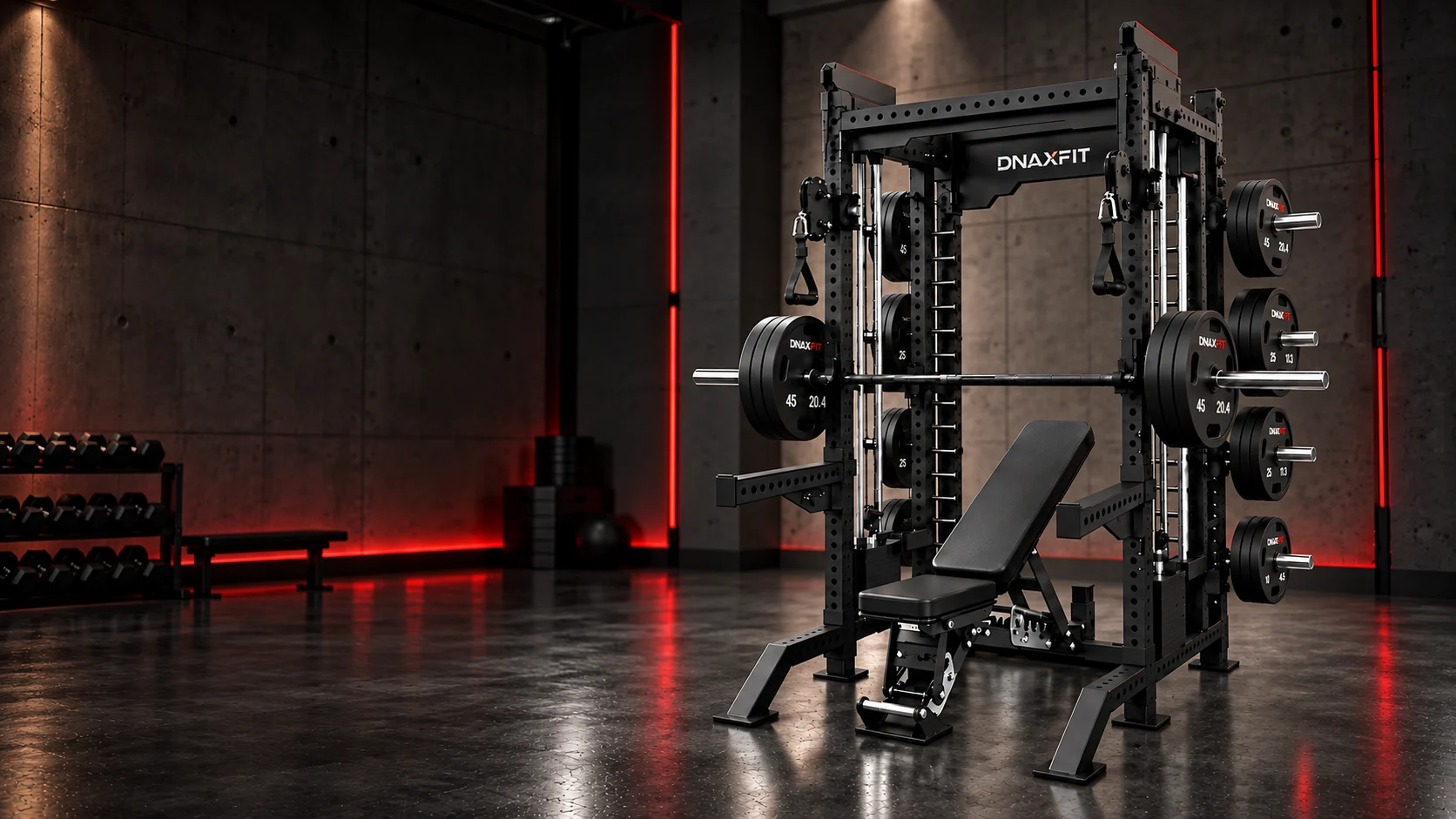 Rack multifonction et banc DNAxFIT dans un espace d’entraînement.
