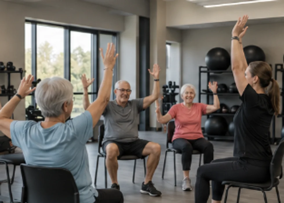 Aînés participant à une activité de groupe encadrée dans une salle d’exercice
