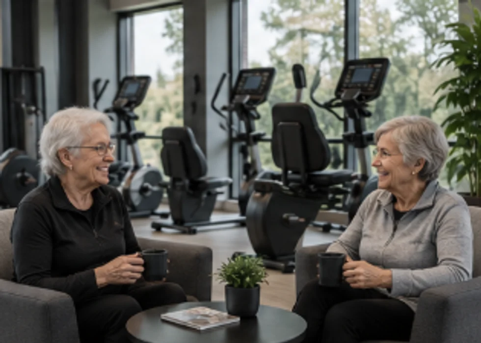 Deux résidentes discutant dans un coin détente près d’équipements de gym