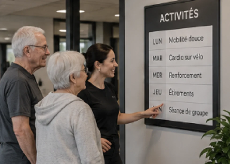 Résidents et kinésiologue consultant une programmation d’activités dans un espace fitness